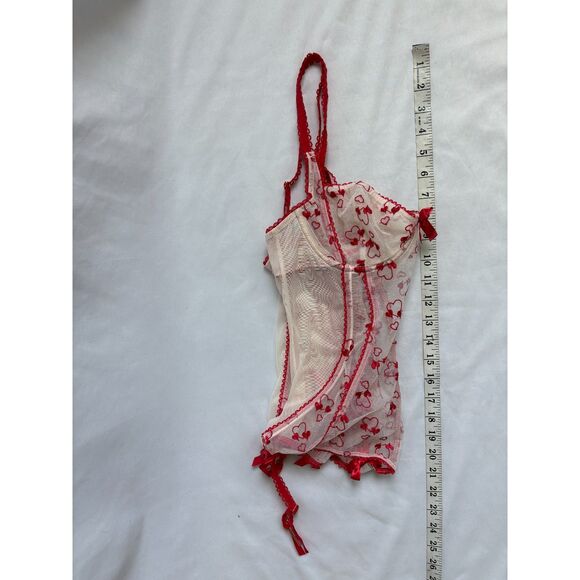 Adore Me Red Corset Lingerie Top Bustier 36B Romantic Mesh Lace Hearts Date - Picture 11 of 11
